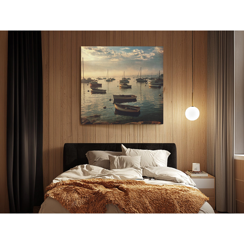 «Nautical Harbor», art mural, impression de scène de bateau côtier rétro, décor de mer bleu et beige, 16 po x 16 po