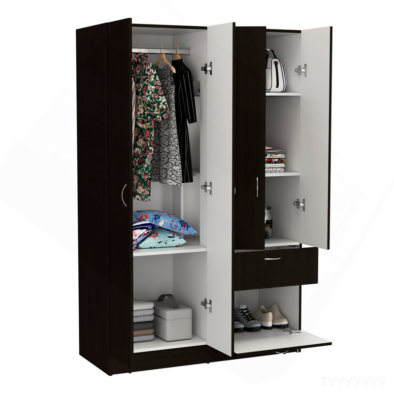 Armoire, armoire à deux portes, un tiroir, cinq tablettes intérieures, tringle, noir / blanc