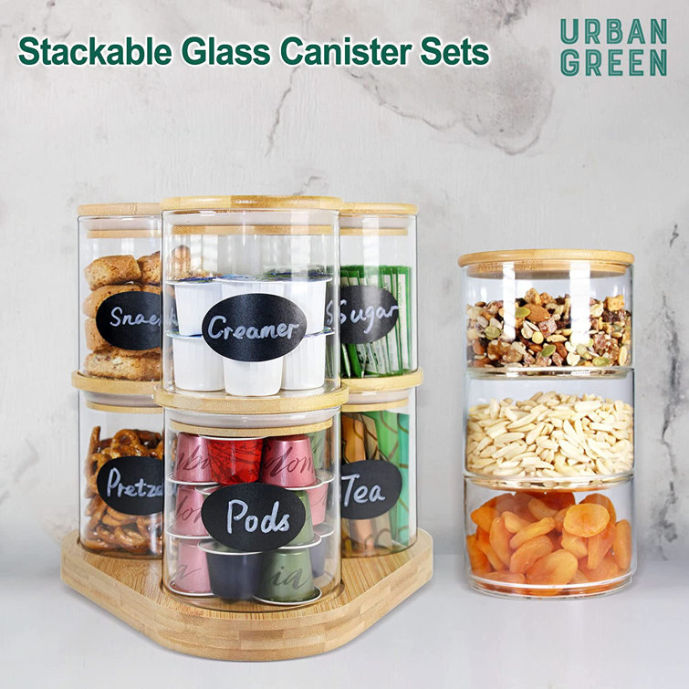 URBAN GREEN Stackable Glass Jars With Bamboo Trays, Food Storage Containers  With Bamboo Lids Set (6 Pack Of 16Oz)