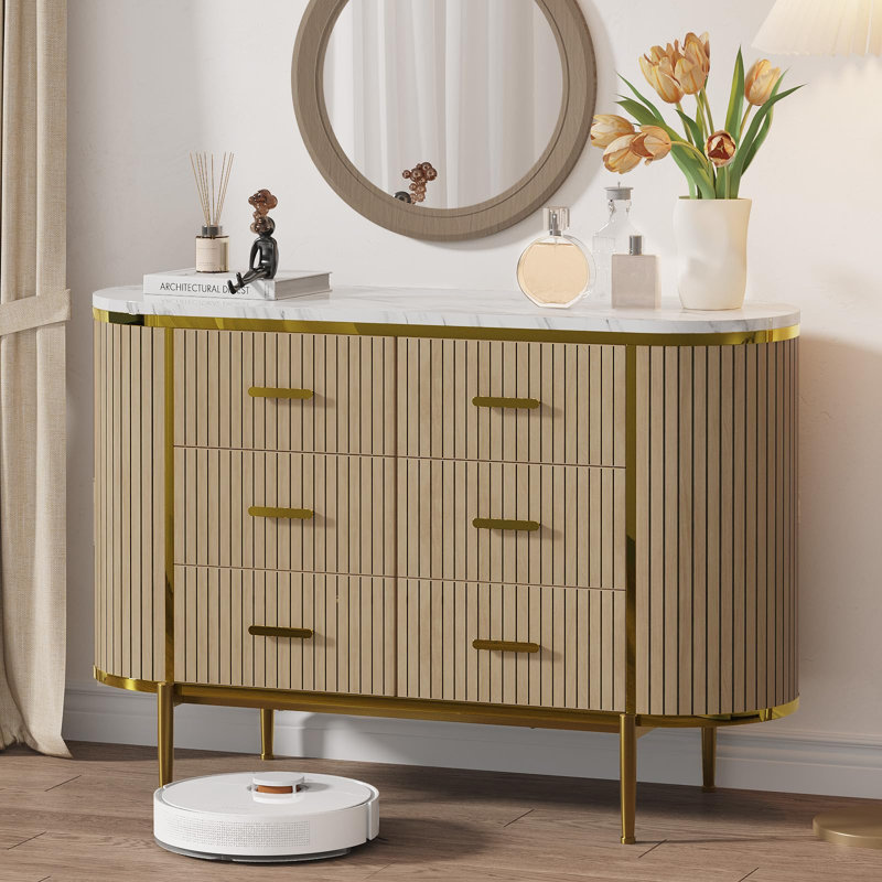 Commode à 6 tiroirs cannelée, commode en bois de style Mid-Century moderne de 47,2 po de largeur avec poignées dorées pour garde-robe de chambre à coucher