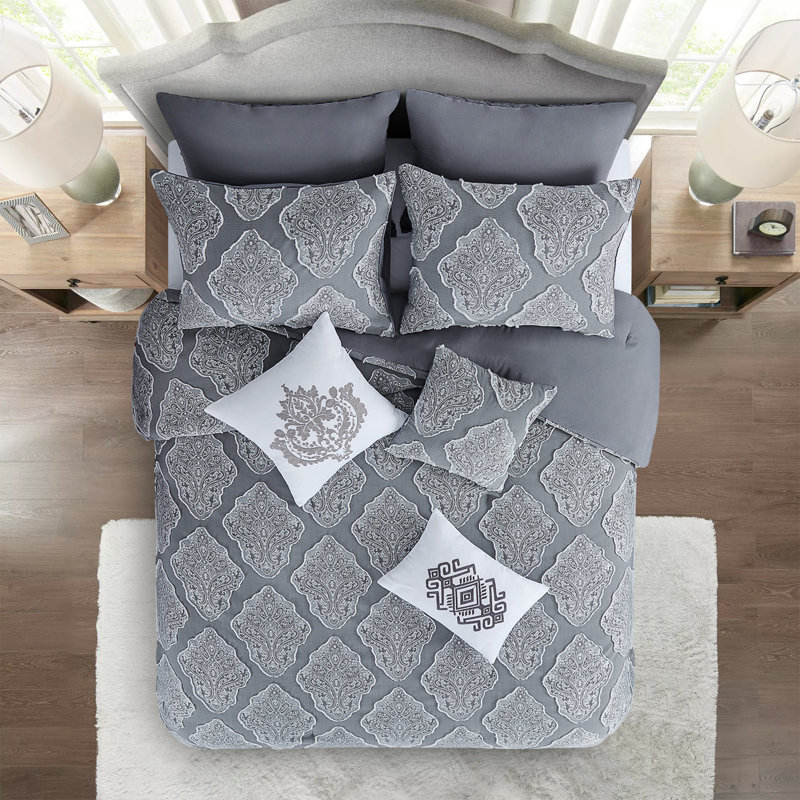 Ensemble d'édredon damassé en microfibre Suniya, Lit simple extra long confort + 4 pièces supplém, Gris