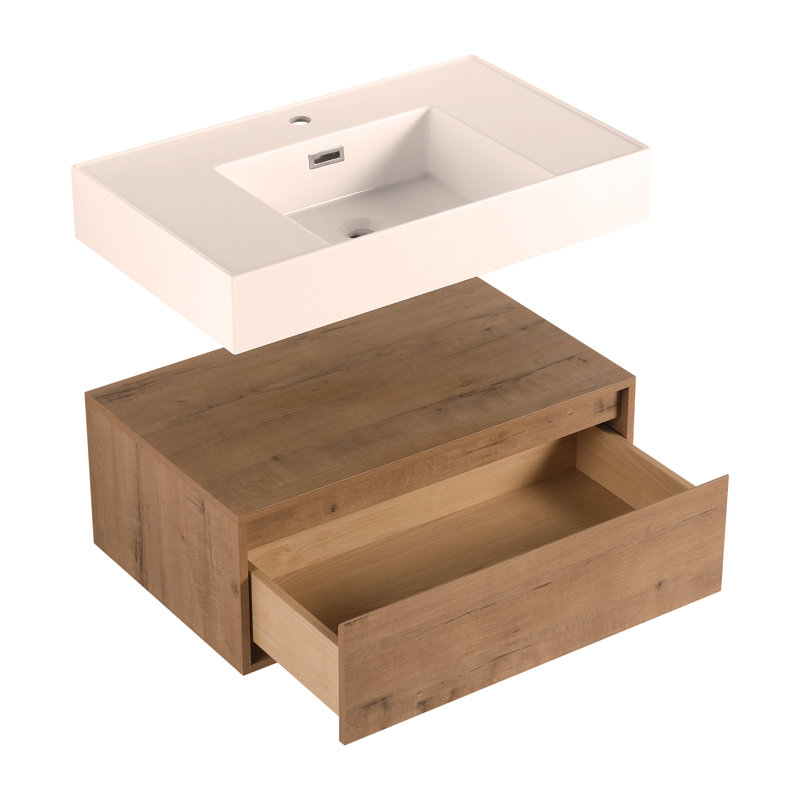 Meuble-lavabo mural 30 po avec lavabo en résine, tiroir et fixation à flotteur