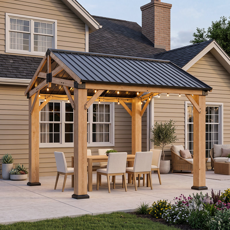 Pavillon de jardin permanent en métal L 10 pi. D Pavillon de jardin à toit rigide avec toit en acier galvanisé, convient aux patios, à la pelouse et à la cour