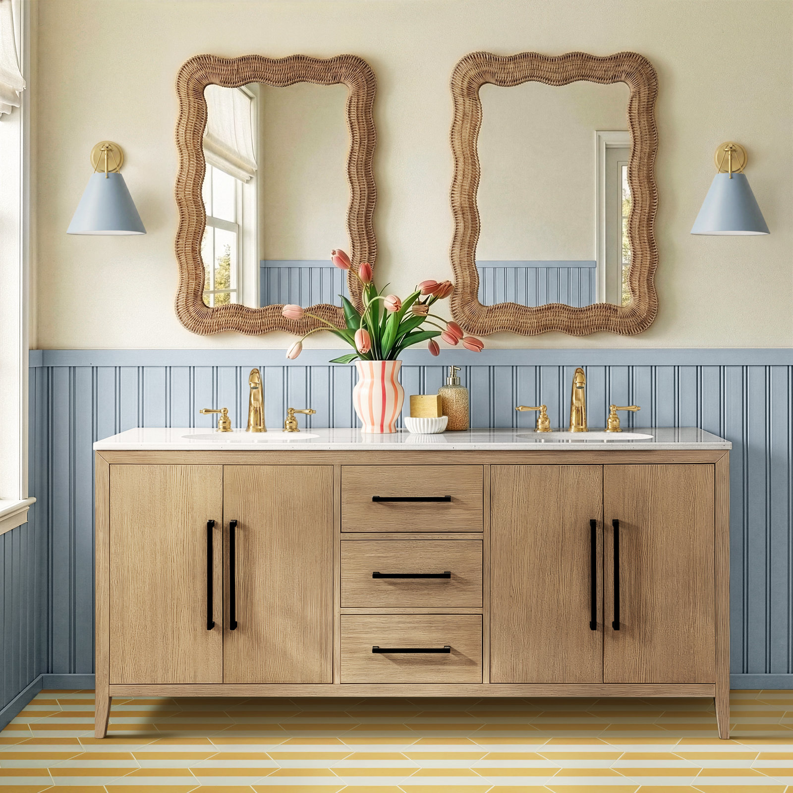 Alsup 72" Oak Double Bathroom Vanity, Wire Brushed Oak