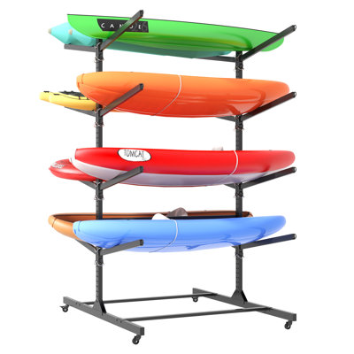 Freestanding 4-tier Kayak & Canoe Storage Rack With Side Gear Arms, Extra-deep Weather-resistant Frame, 82'' H, Black