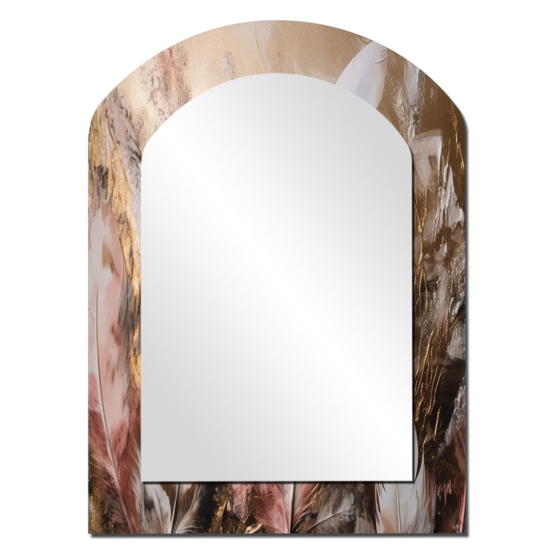 Gold Glamorous Feathers Of Boho Fantasy III - Glam Feather Asymmetrical Decorative Wall Mirror, Modern Arch Mirror, Printed Metal Art