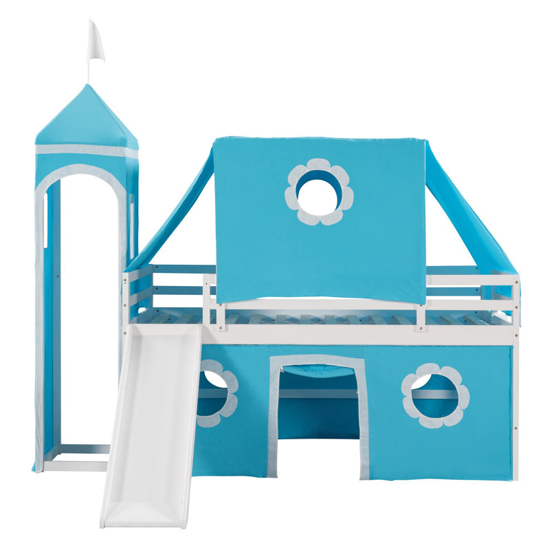 Lit mezzanine bas avec glissade Queribus, Bleu, Lit double