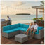 Ensemble de patio 7 pièces en osier gris avec coussins amovibles bleu clair et table basse en verre pour l'extérieur, la piscine et la cour
