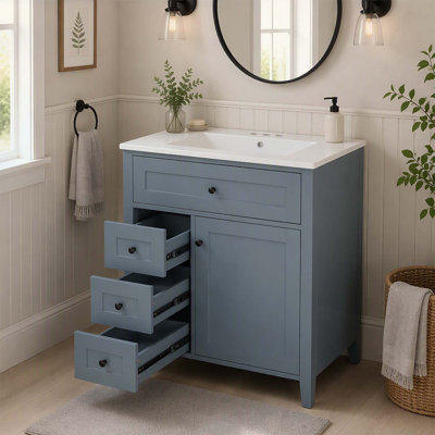 30-Inch Blue Gray Bathroom Vanity with Sink, Modern MDF and Rubberwood Cabinet, 3 Drawers, Adjustable Shelf for Storage and Organization