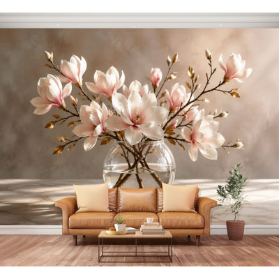 Wall Mural Peel and Stick Wallpaper Magnolia Flower Arrangement Glass Vase lotus White Blossoms Elegant Self-Adhesive Removable Contact Paper Wall Decor for Living Room Bedroom 100"H x 144"W