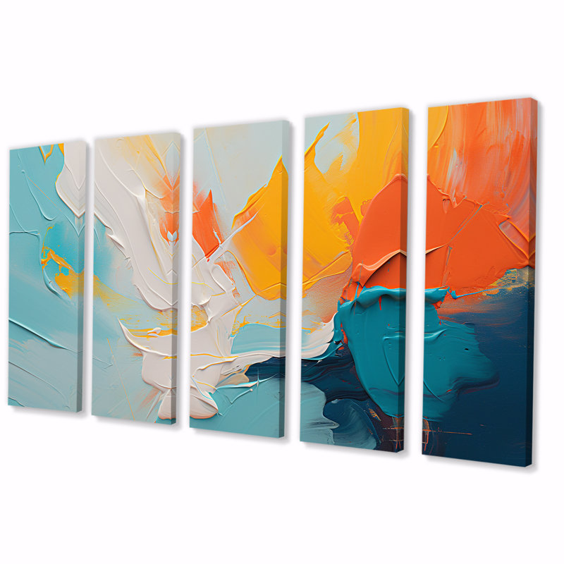 «Blue and Orange Paint Expression II», ensemble de 5 peintures murales abstraites, H 28 po x l 60 po