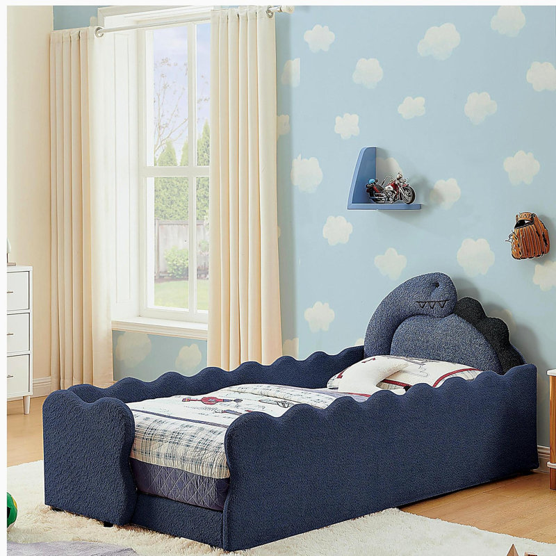 Lit simple pour enfant en forme de dinosaure avec garde-corps sécuritaire, structure de lit pour tout-petit en bois massif pour enfants pour la chambre à coucher, tissu Boucle