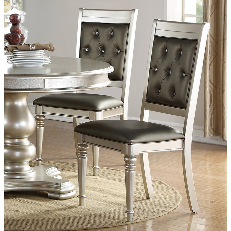 Chaises de salle à manger d'appoint de luxe argentées, de 2, dossier, coussin rembourré, gris et argent, bois d'hévéa, siège de présentation classique 2 pièces