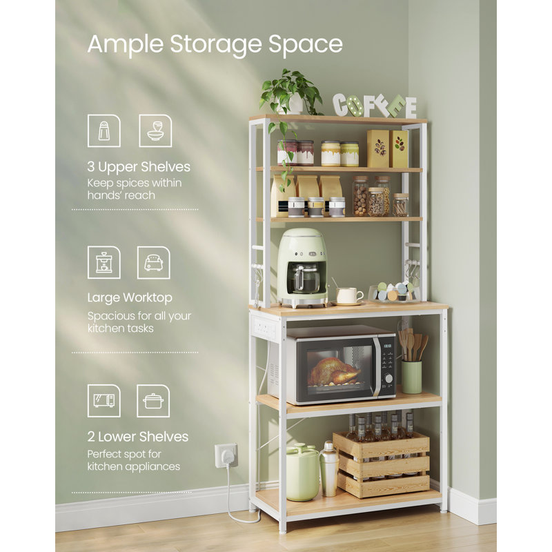 Baker's Rack With Power Outlet, Coffee Bar For Kitchen With Storage, 6-Tier Kitchen Shelves With 6 Hooks, Microwave Stand, 40 X 60 X 167 Cm, Golden Oak And Cloud White
