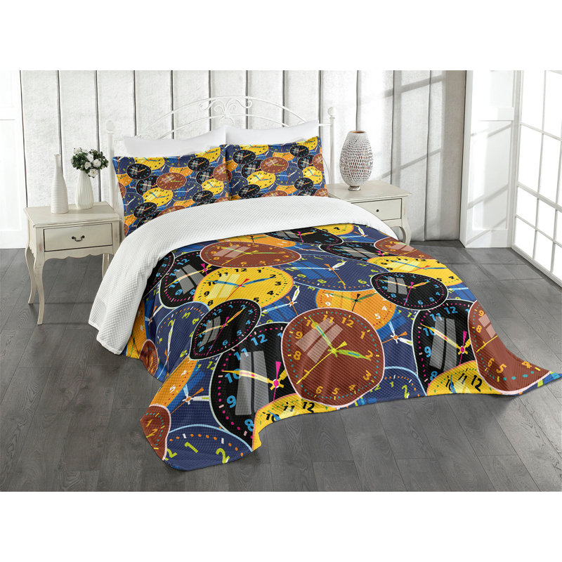 Ambesonne Vintage Bedspread Set Clock Faces Pattern Yellow and Black, King Bedspread + 2 Standard Shams