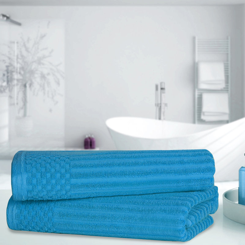 Ruvins Cotton Highly Absorbent Solid and Checkered Border Bath Towel Set, Sky Blue