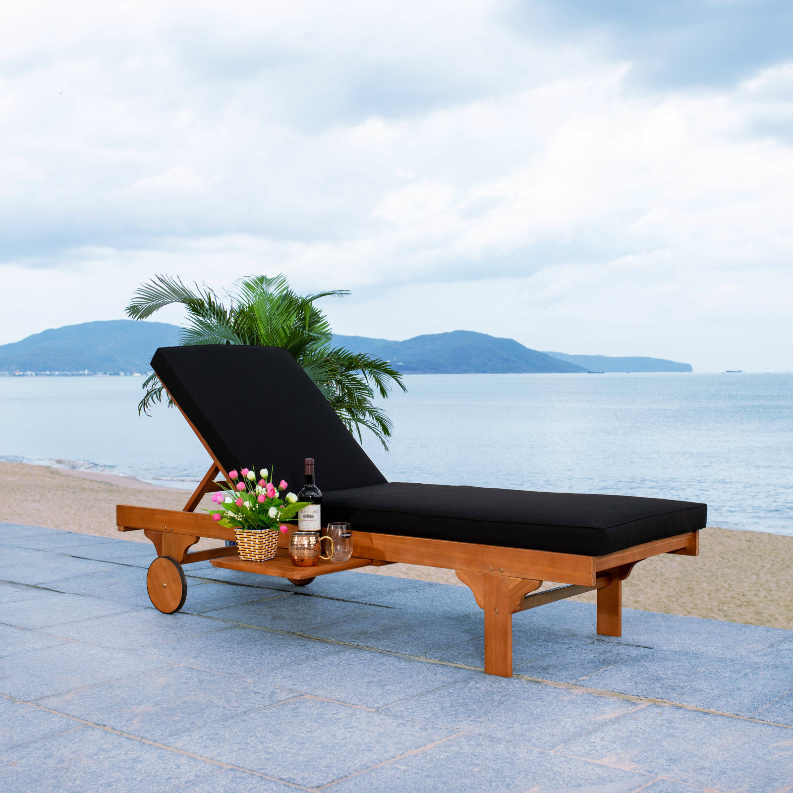 Jivera 28" Eucalyptus Patio Chaise Lounge, Natural, Black