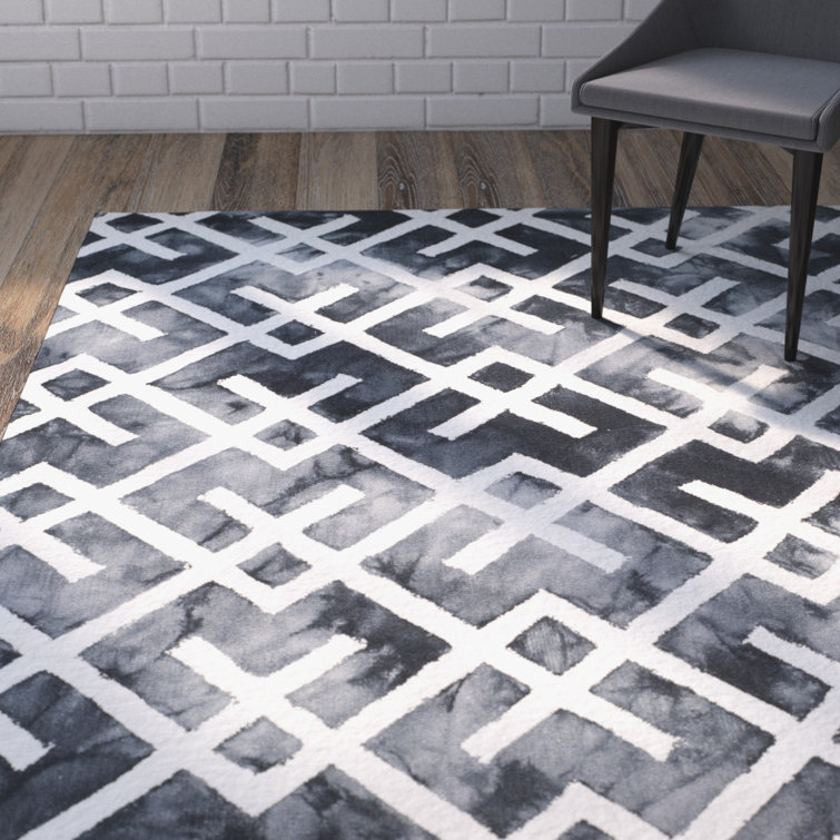 Bryauna Hand Tufted Wool/Cotton Geometric Rug in Graphite/Ivory