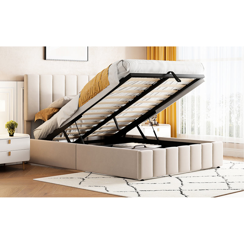 Lit plateforme tapissier hydraulique avec rangement pratique de couleur beige