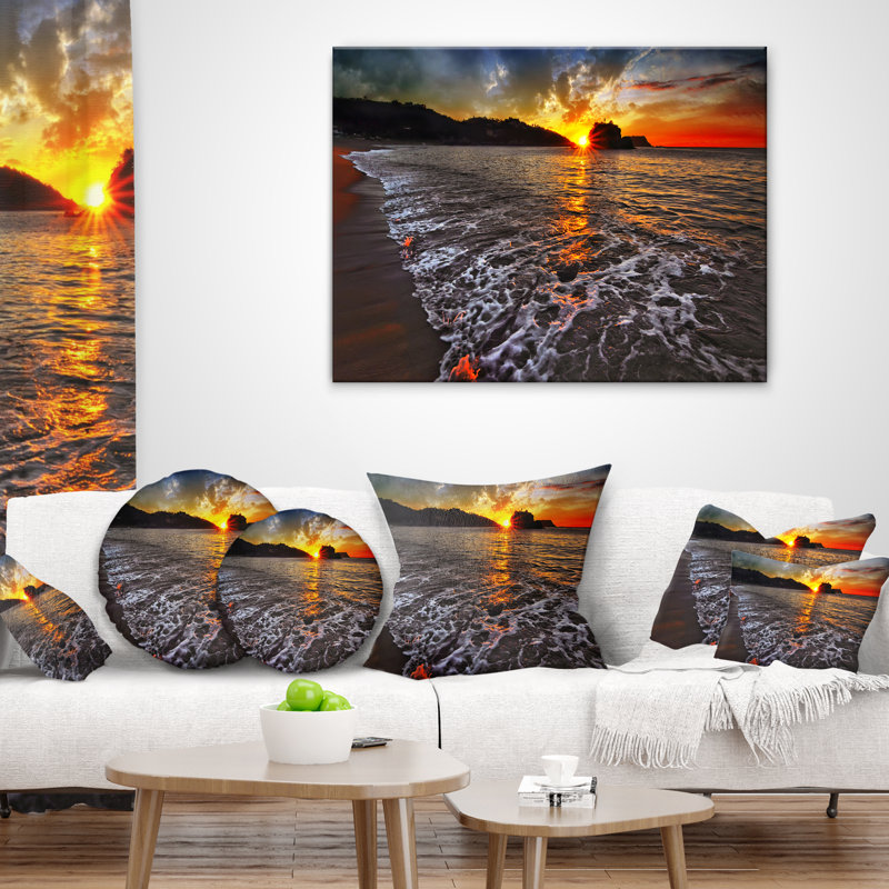 Coussin imprimé soleil couchant et vagues blanches - Mer et rivage, 16 po x 1 po, Coussin décoratif