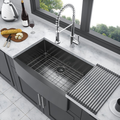 Évier de cuisine de ferme 30 po noir, acier inoxydable de calibre 16, simple cuve, façade tablier | Idée de cadeau