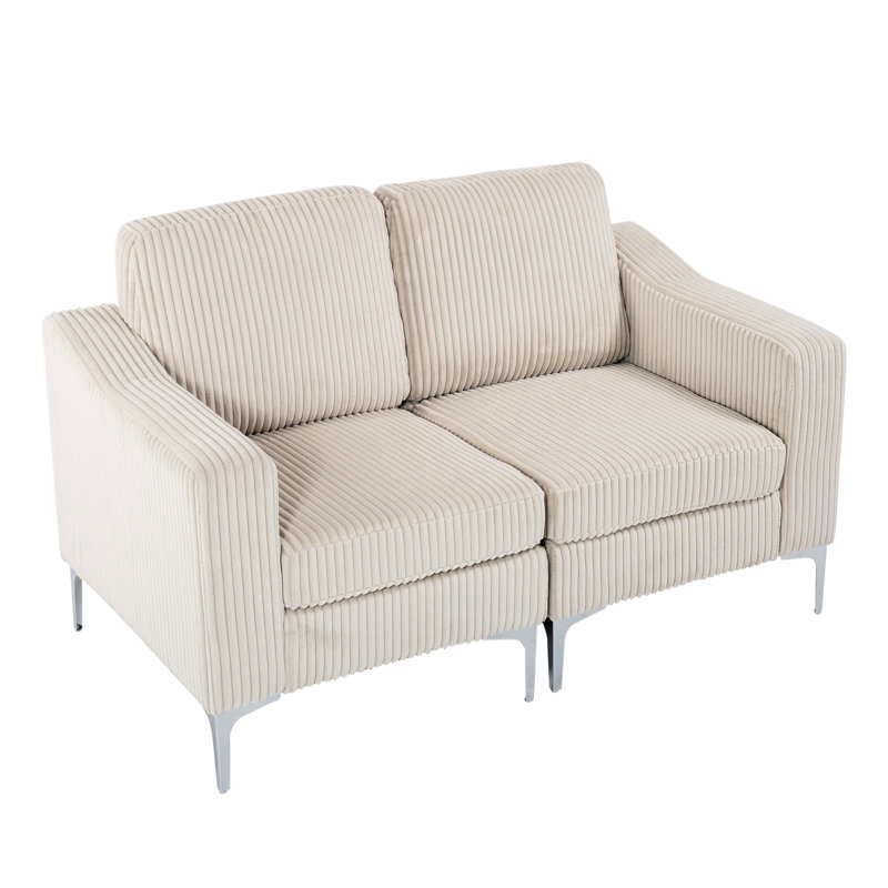 Canapé modulaire beige en velours côtelé pour deux personnes, structure en bois massif et manufacturé, siège à coussins multiples, installation à deux places rapide et simple, conception à ressorts à arc,