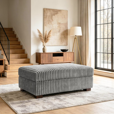 Upholstered Light Gray Faux Rabbit Fur Flannel Rectangle Ottoman, Single Ottoman Modular Part For Sectional Sofa