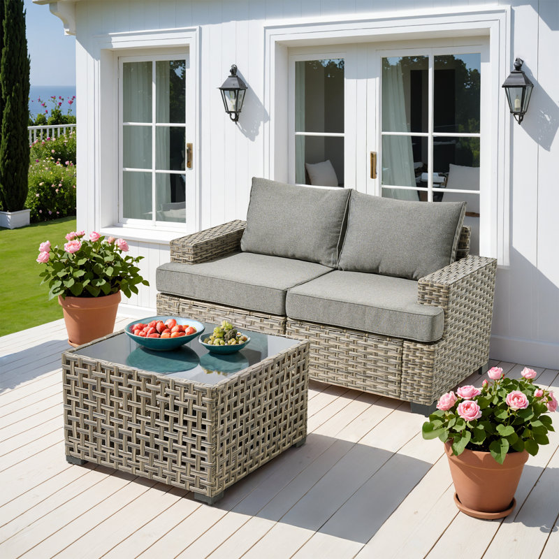 Wahkon 3 - Piece Outdoor Patio Sofa Wicker Modular Sectional Set With Lighted Coffee Table and Cushions, Gray