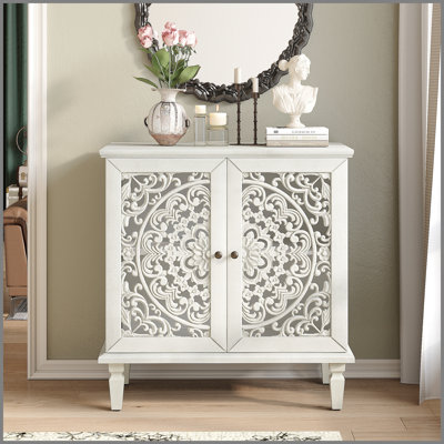 Vintage Hollow-Carved Accent Cabinet, 2-Door Display Storage Sideboard with Symmetrical Floral Design, Adjustable Shelf and Solid Wood Legs for Living Room Entryway