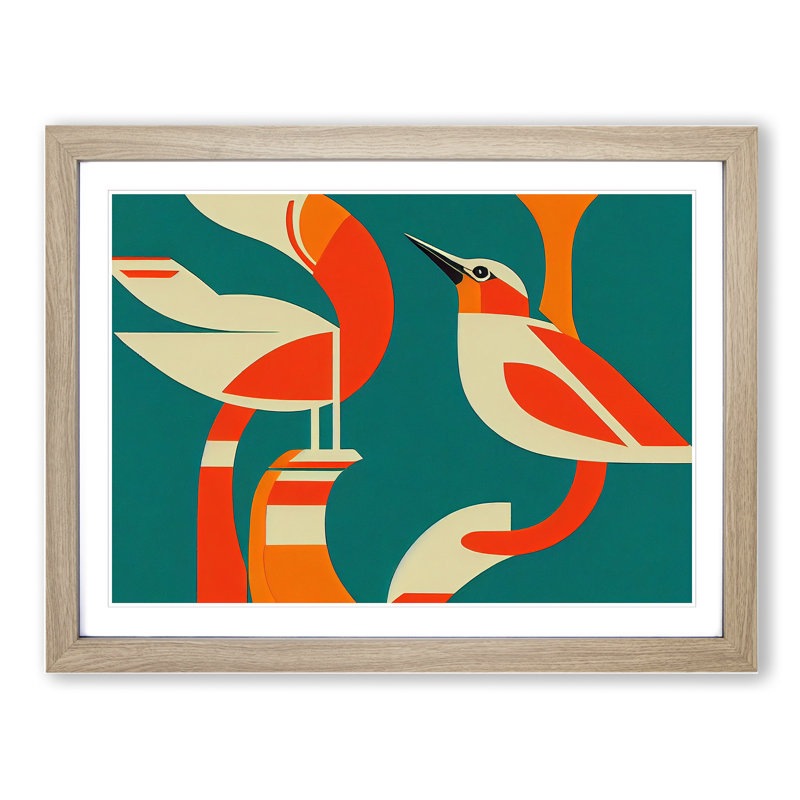 Kingfisher Bird Deco Abstract - Framed Print, 25cm H x 34cm W x 2cm D, Oak