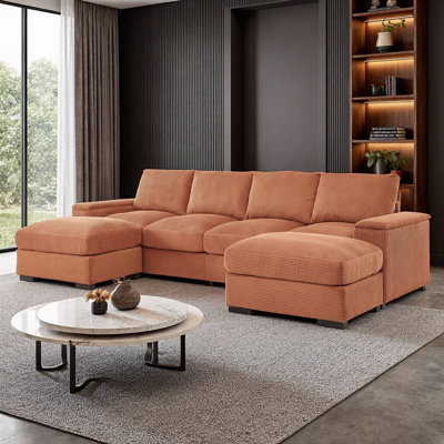 Modern U-Shaped 4-Seat Corduroy Sectional Sofa with 2 Ottomans and Arm Storage in Beige