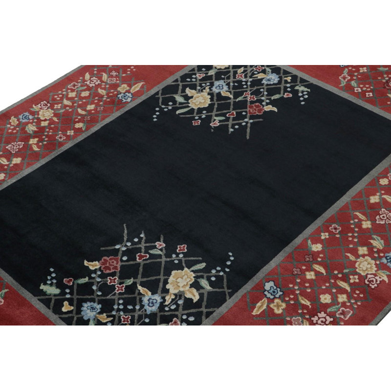 Rug & Kilim’S Chinese Art Deco Rug In Red & Black With Colorful Florals, Rectangle 5' x 7'