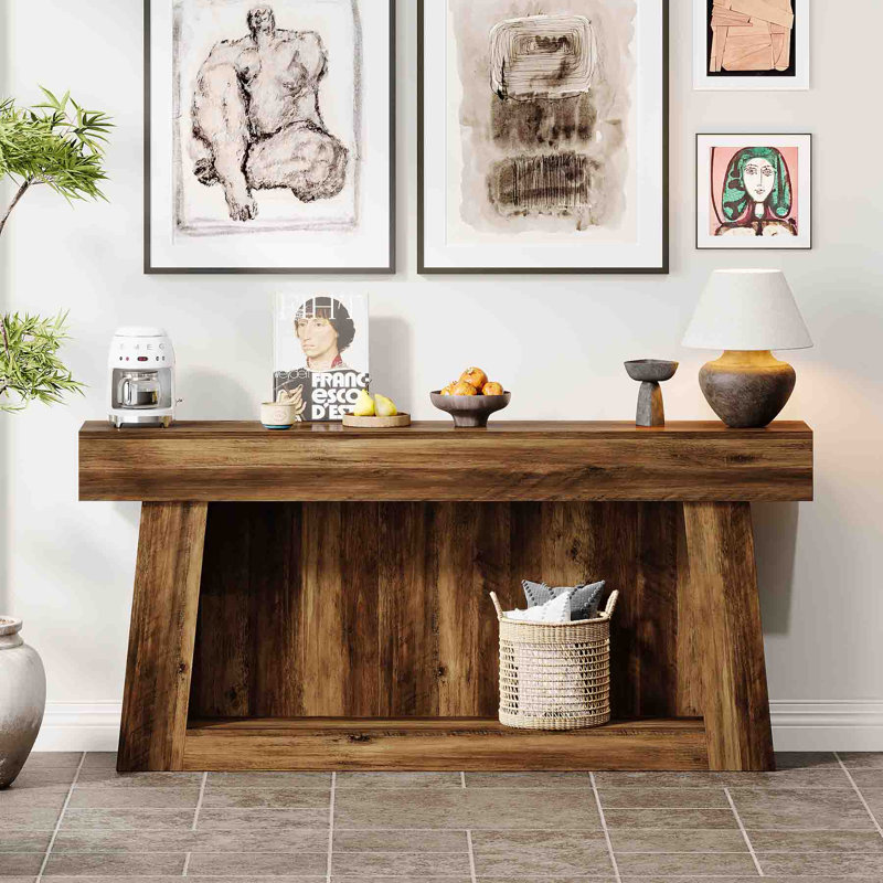 63-Inch Rustic Brown Wooden Console Table with Storage