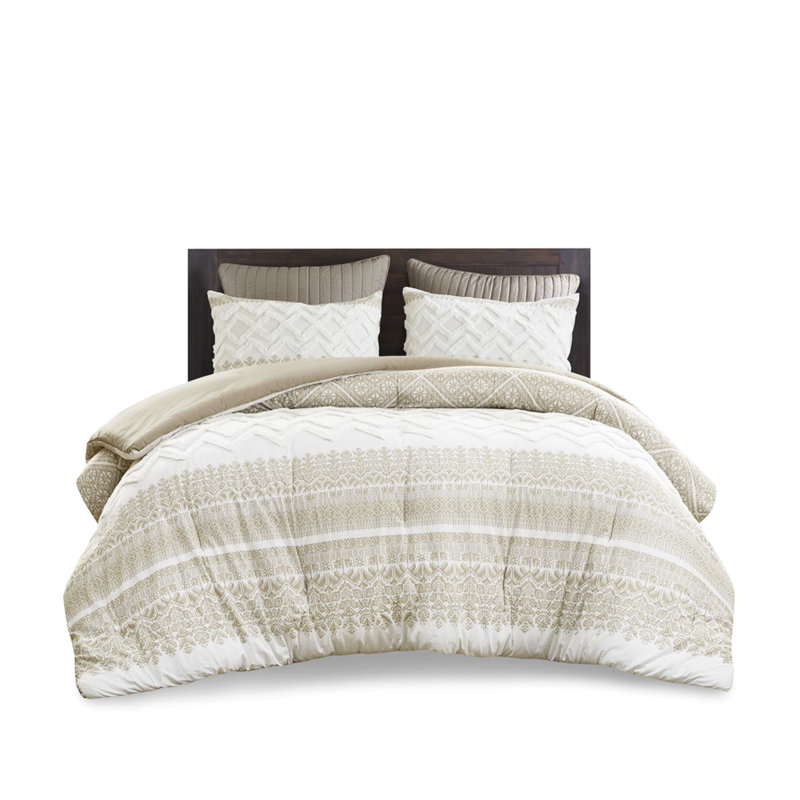 Édredon pour lit double / grand. Détails en chenille touffetée. Imprimé taupe. Remplir. 2 taies décoratives. . Taille de chambre classique. . Comprend un look élégant
