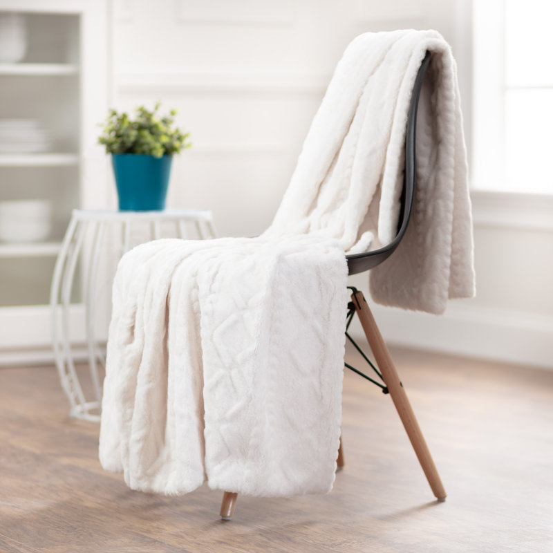 Chanasya Trestle Embossed Faux Fur Throw Blanket, White