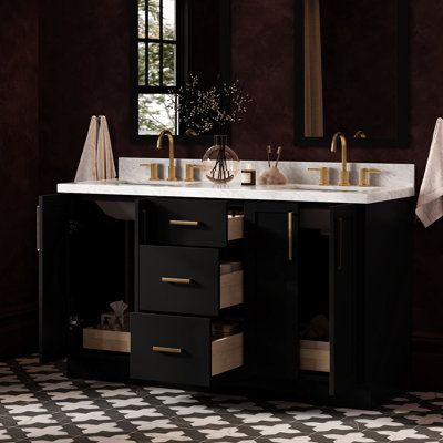   Ensemble de meuble-lavabo double rectangulaire 61 po avec comptoir en marbre blanc de Carrare Kayleigh 61 po