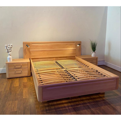 Nikole Bed King Queen with 2 Nightstands – Solid Wood, Beige Finish
