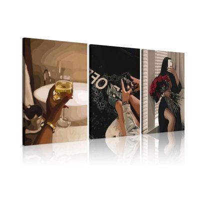 3 pièces décor de chambre de fille, affiche de vie luxueuse, décoration murale mode, impression sur toile noire, affiches et impressions, images murales pour la décoration du salon, (12 x 16 po (30 x 40 cm), encadrée), prête à être accrochée