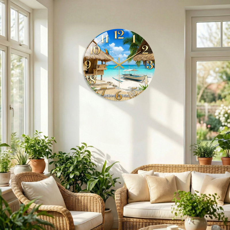 "Tropical Beach", horloge murale en verre, 40 x 40 cm (15,7 x 15,7 pouces)