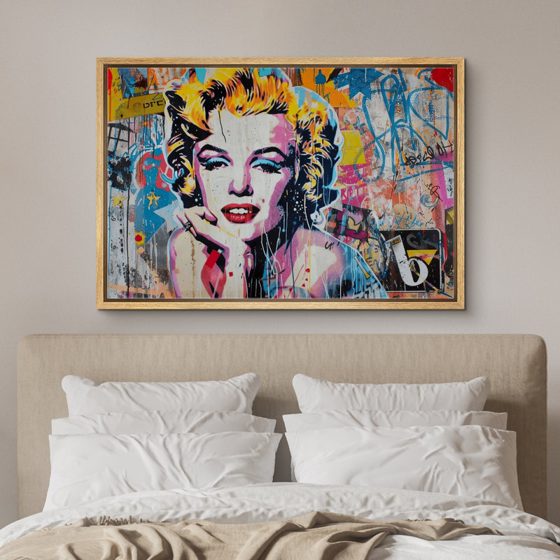 Marilyn Monroe Street Graffiti Portrait, chambre à coucher colorée, impression sur toile encadrée, Encadré naturel