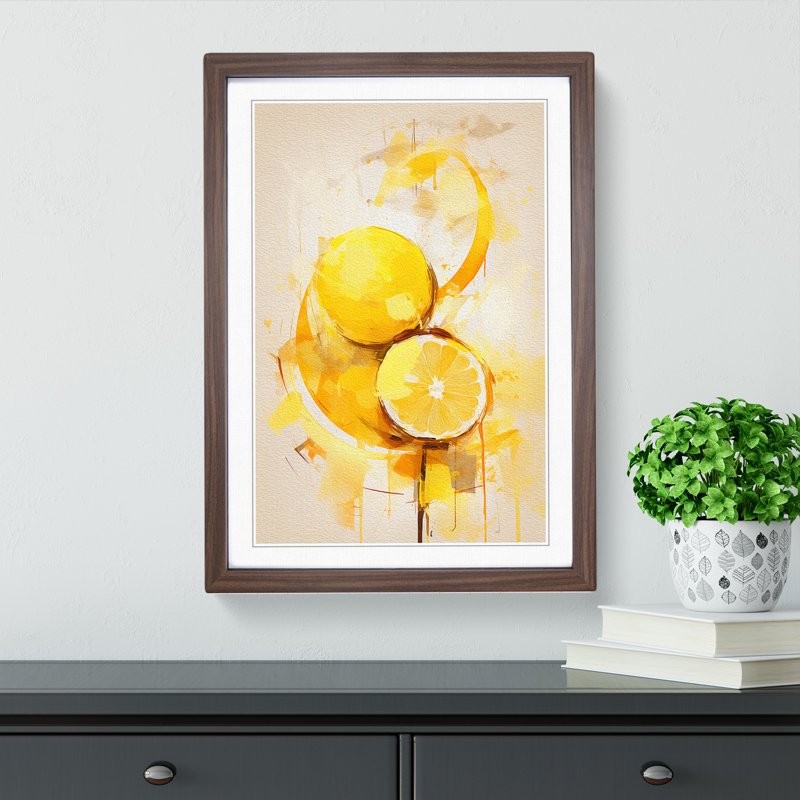 Lemon Fruit Gestural - Single Picture Frame Print on Wood, 34cm H x 25cm W x 2cm D, Walnut