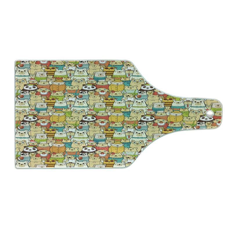 Ambesonne Funny Tempered Glass Cutting Board Teddy Bears Doodle Comic Multicolor