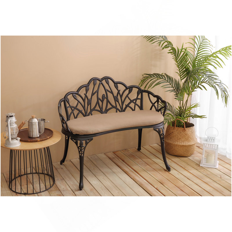 Tulip Patio Garden Bench Metal Park Bench Cast Aluminum Outdoor Furniture With Floral Rose For Patio,Park,Lawn,Yardblack Withe Cushion