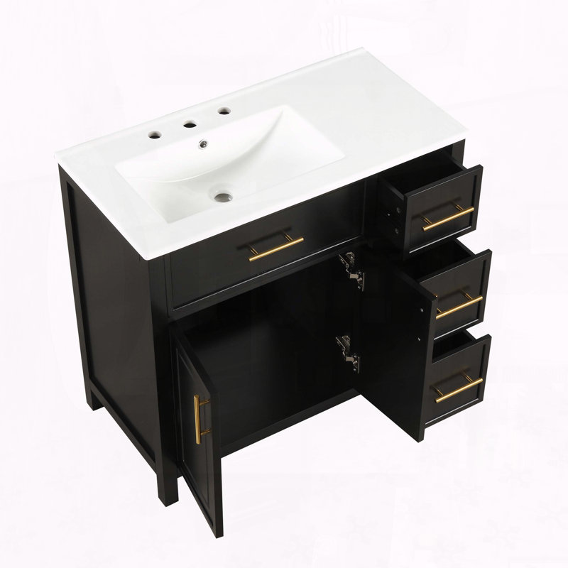 Meuble-lavabo moderne de 36 pouces avec lavabo en céramique et trois tiroirs, Noir