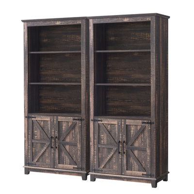 Chimira Farmhouse 69.8" H x 31.4" W 5 Tier Bookshelf with Adjustable Shelves & Barn Door, Grey