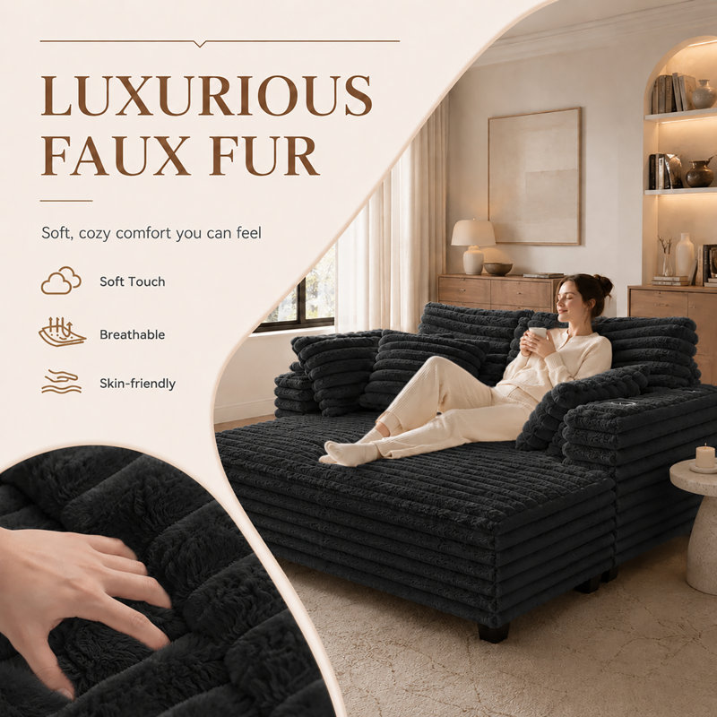 Très grand canapé-lit moderne surdimensionné avec revêtement en fausse fourrure moelleuse et ensemble d'oreillers, Black