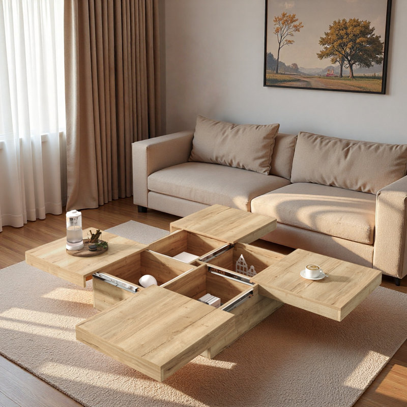 Table basse carrée en placage avec plateau coulissant et beaucoup de rangement