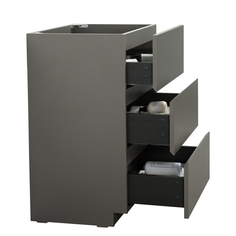 Armoire de plancher de salle de bain grise, 3 tiroirs, ergonomique, pré-assemblée, armoire de rangement sans lavabo, espace maximum, pré-assemblée silencieusement lisse