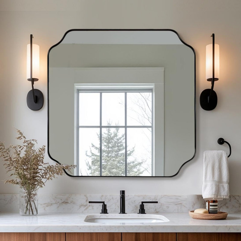 Modern Scalloped Corner Rectangle Bathroom Vanity Mirror | Stainless Steel Frame, Matte Black, 30" x 30"