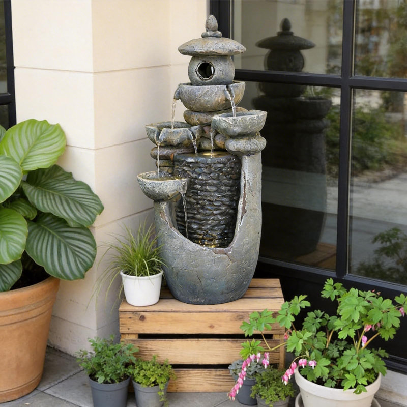62cm Zen Water Fountain, Stacked Pebble Texture, Floor-Standing Electric Water Feature with Lights